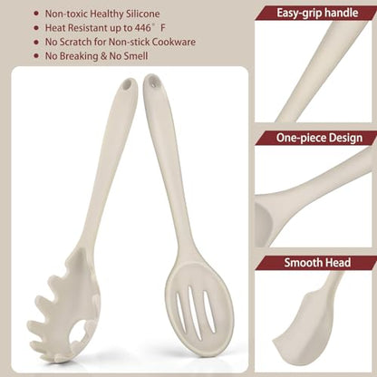 P&P CHEF Khaki Kitchen Utensils, Silicone Cooking Utensil Set of 7 | Soft Spatula for Nonstick Cookware, Slotted Turner, Soup Ladle, Pasta Server, Spoon for Cooking, Dishwasher Safe & Heat Proof - color: Khaki