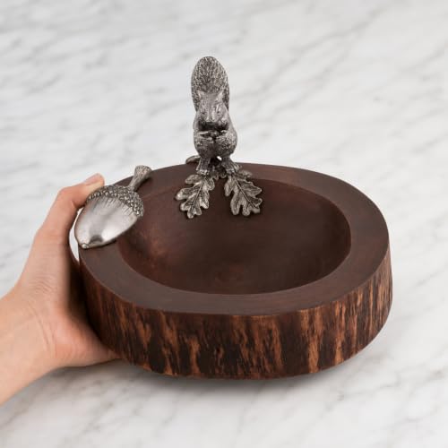 Standing Squirrel Nut Bowl with Pewter Acorn Scoop - Whimsical Mango Wood Dish for Serving Nuts - 8 Inch Diameter