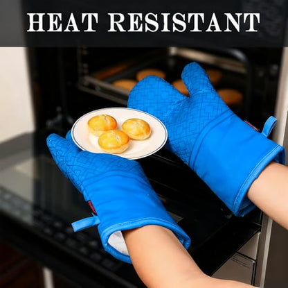 Oven Mitts and Pot Holders Sets 6pcs, Kitchen Oven Glove,High Heat Resistant 550 Degree Extra Long Oven Mitts and Potholders with Non-Slip Silicone Surface for Home Essentials (Grey) (Navy Blue) - color: Navy Blue