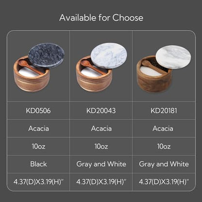 KITCHENDAO Large Acacia Salt Cellar Box Bowl with Built-in Spoon and Marble Lid, Solid Natural Acacia Wood Bath Sea Salt Container, Grey Marble Lid, Pepper Sealer Pinch Bowl, 10oz Capacity - color: Gray