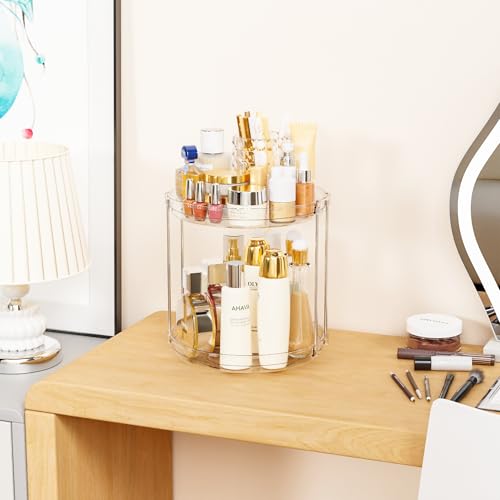Clear 360 Rotating Bathroom Counter Organizer,2 Tier Spinning Perfume Organizer and Makeup Tower for Lotion,Hair,Face Skincare Beauty Products,Tiered Lazy Susan and Makeup Organizers for Vanity - style: Round