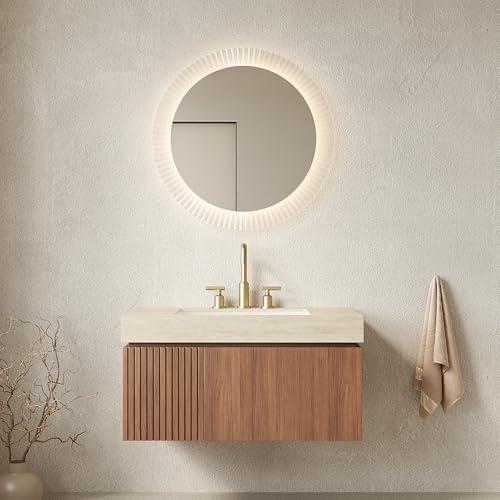 36" Floating Bathroom Vanity with Sink, MURI Wall Mounted Plywood Cabinet, Sintered Stone Countertop, Ceramic Basin with 3 Faucet Hole, Drawer & Door Storage, Pre-Assembled, Beige Top Brown Oak - color: Brown Oak,beige Travertine-pattern Top, size: 36"+Be
