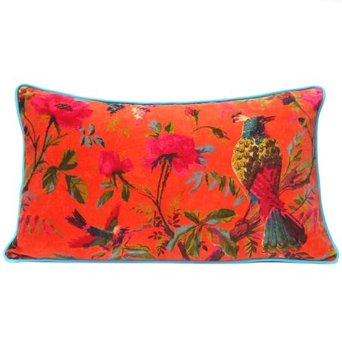 Velvet Floral Flower Bird Throw Pillow Sofa Cushion Cover Case Couch Colorful Boho Chic Bohemian Accent Indian Handmade (Orange, 20" x 12") - color: Orange, size: 20" x 12" (Pack of 1)