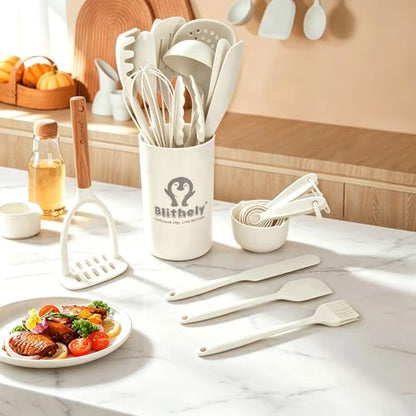 Large Silicone Kitchen Utensils Set with Holder, 25Pcs Cooking Utensil Set with Wooden Handle, Heat Resistant Spatula Sets for Cooking, BPA Free Silicone Utensils Set for Non-Stick Cookware(White) - color: White