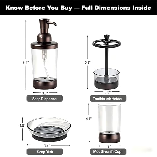 LGURT 4pc Coffee Brown Clear Plastic Bathroom Accessories Set | Soap dispenser, toothbrush holder, soap dish, cup. vintage modern style. Fits vanity, dorm, gift-ready.