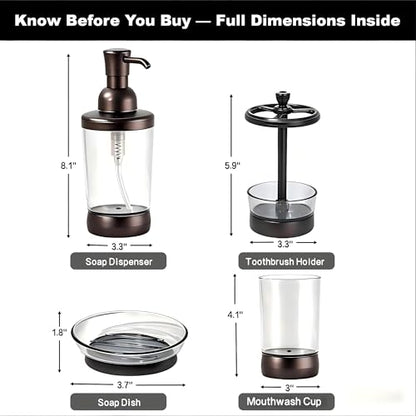 LGURT 4pc Coffee Brown Clear Plastic Bathroom Accessories Set | Soap dispenser, toothbrush holder, soap dish, cup. vintage modern style. Fits vanity, dorm, gift-ready.