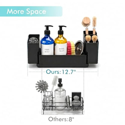 Sponge Holder for Kitchen Sink with Drying Stone, Black | Kitchen Caddy Sink Organizer, 2 Removable Cups, Premium ABS, Anti-Slip, 12.7" Sponge and Soap Holder for Kitchen Counter - color: Black