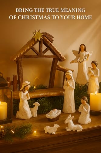 12 Set Nativity Scene Resin Figurines – Handcrafted Christmas Crèche with Holy Family, Mar Joseph Angel Wise Men Animals Stable – Religious Holiday Xmas Decoration for Home Church Mantel (Beige)