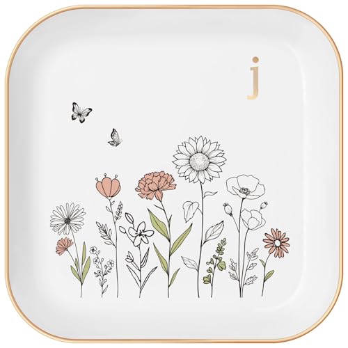 Gifts for Women – Initial Ring Dish with Floral Initial Design, Gift Boxed – Perfect Birthday Gifts for Mom, Girls, Best Friend, Bride, or Girlfriend – Mothers Day Gifts and Graduation Gift - color: Golden-j