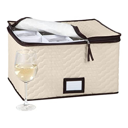 Wine Glass Storage Box with Dividers, Holds 12 Glasses up to 3.75" Wide | Stemware Storage Case, Protects Fine China, Durable Quilted Microfiber, Carry Handles, Ideal for White Wine - size: Red & White Wine, style: 1 Pack