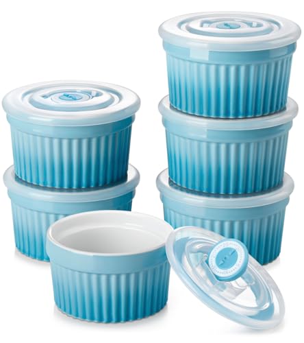 vancasso 6 oz Ramekins with Lid, Porcelain Creme Brulee Souffle Dishes, Blue Pudding Custard Cups Ramiken for Baking, Dishwasher and Oven Safe, Set of 6 - color: Blue, size: 6 oz
