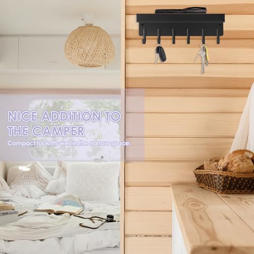 VIS'V Key Holder Wall Mount, Adhesive Key Rack with Tray, 6 Hooks, Black | 2 Mount Options, Compact Discreet Design, Suitable for Entryway, Hallway, Doorway, Kitchen, Garage, Camper - color: Black