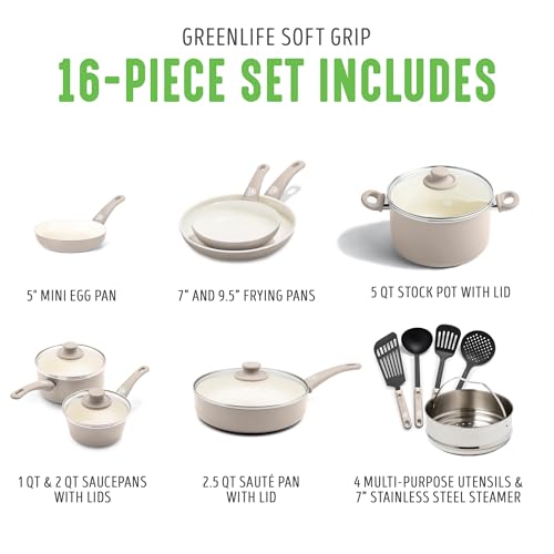 GreenLife 16 Piece Ceramic Nonstick Pots & Pans Cookware Set, Taupe | PFAS-Free Nonstick Coating, Stockpot, Frying Pans, Saucepans, Sauté Pan, Stay-Cool Handles, Dishwasher & Oven Safe up to 350F - color: Taupe, style: Soft Grip