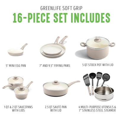 GreenLife 16 Piece Ceramic Nonstick Pots & Pans Cookware Set, Taupe | PFAS-Free Nonstick Coating, Stockpot, Frying Pans, Saucepans, Sauté Pan, Stay-Cool Handles, Dishwasher & Oven Safe up to 350F - color: Taupe, style: Soft Grip