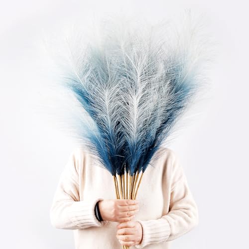 12PCS Faux Blue Gradient Pampas 38" Tall for Floor Vase | Fluffy Tall Large, Faux Pampas Grass, Fake Pompas, Artificial Pompous Grass, Floor Vase Filler - color: Navy Blue Gradient