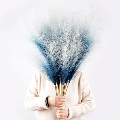 12PCS Faux Blue Gradient Pampas 38" Tall for Floor Vase | Fluffy Tall Large, Faux Pampas Grass, Fake Pompas, Artificial Pompous Grass, Floor Vase Filler - color: Navy Blue Gradient