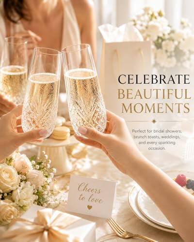 SHOSHIN Hand-Cut Crystal Stemless Champagne Flutes Set of 4, Handmade Mimosa & Sparkling Wine Glasses, 9.5 oz Toasting Glasses with Artisan Agave Pattern, Gift Box Included - color: Agave