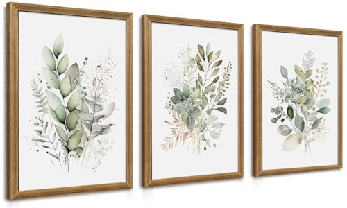 WRFON Framed Sage Green Botanical Wall Art Set of 3, Watercolor Eucalyptus & Wild Plant Canvas Prints, Minimalist Green Wall Decor for Living Room Bedroom Bathroom, 12x16 Inches - color: Sage Green(Framed), size: 16"L x 12"W