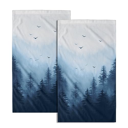 Giwawa Blue Misty Forest Hand Towels Set of 2 Nature Mountain Soft Guest Face Bath Towel Kitchen Dish Towels Spa Home Bathroom Decorations - color: Blue Misty Forest