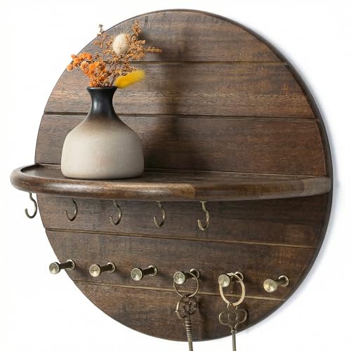 Rebee Vision Acacia Wood Key Holder Wall Mount for Room Decor, Dark Brown | Round Shape Design, Key Holder with Wall Shelf, Rich Wood Grain, Dual Hooks, Entryway Organizer, Home Finds for Living Room - color: Dark Acacia