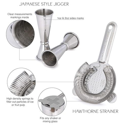 Premium 4-Piece Boston Cocktail Shaker Set w/Hawthorne Strainer & Japanese Jigger, Stainless Steel 304- Weighted Cocktail Set - Boston Shaker Set - Bartender Shaker - Shaker for Cocktails