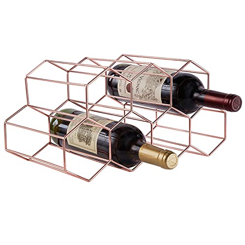 FOMANSH Countertop Wine Rack - 7 Bottle Holder for Storage, Freestanding Metal Tabletop Stand With Modern Design for Kitchen, Cellar, Bar Cabinet - color: Rose Gold