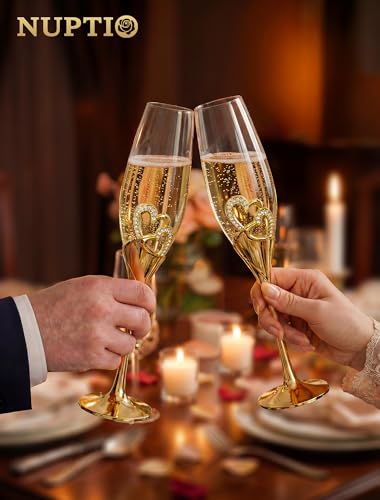 NUPTIO Crystal Champagne Flutes, Wedding Gifts for Couple, Gold, Set of 2 | Rhinestone Rimmed Heart Toasting Glasses with Wooden Gift Box for Engagement, Anniversary, Party, Bridal Showers, 6.76oz - color: Gold