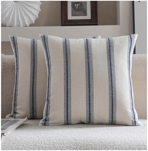 Cethom Boho Throw Pillow Covers 20x20 Set of 2, Navy Blue Striped Decorative Pillow Cases for Couch Chair Bed, Textured Farmhouse Modern Accent Cushion Covers for Living Room Bedroom Sofa Home Decor - color: Navy Blue, size: 20" x 20" (Pack of 2)