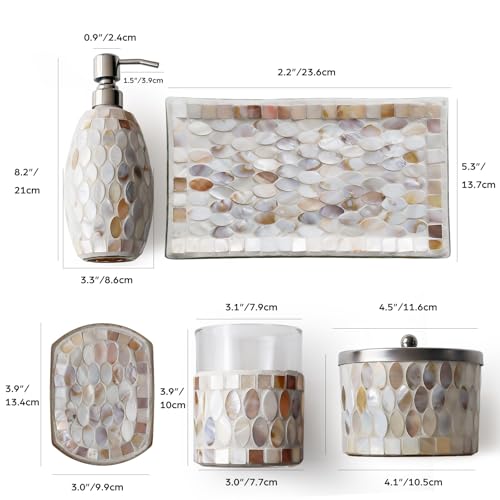 WDHODEC Mosaic Bathroom Accessory Set 5PCS with Natural Shell & Glass Soap Dispenser Cotton Jar Soap Dish Vanity Tray Tumbler for Hotels, Modern Bathroom Counter and Sink Decoration White