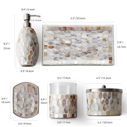 WDHODEC Mosaic Bathroom Accessory Set 5PCS with Natural Shell & Glass Soap Dispenser Cotton Jar Soap Dish Vanity Tray Tumbler for Hotels, Modern Bathroom Counter and Sink Decoration White