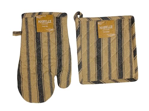 Decorative Kitchen Pot Holders Black Beige Ginham Striped 2 pc Set: (1) Oven Mitt and One (1) Pot Holder
