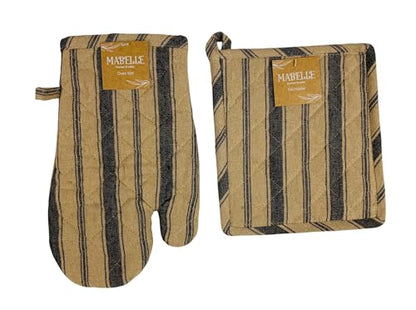 Decorative Kitchen Pot Holders Black Beige Ginham Striped 2 pc Set: (1) Oven Mitt and One (1) Pot Holder