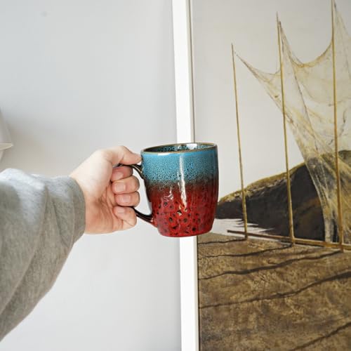 Bosmarlin Ceramic Coffee Mug Set of 4, 17 Oz, Coffee Cups with Big Handle, Microwave Safe, Unique Reactive Glaze (Blue&Red) - color: Blue&Red