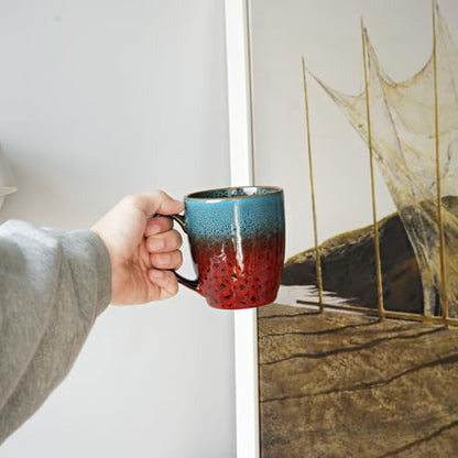 Bosmarlin Ceramic Coffee Mug Set of 4, 17 Oz, Coffee Cups with Big Handle, Microwave Safe, Unique Reactive Glaze (Blue&Red) - color: Blue&Red