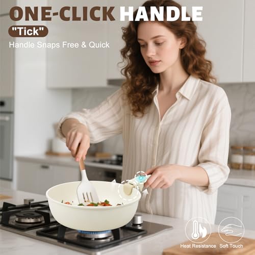 Numola 10 pcs Pots and Pan Set Non Stick with Detachable Handle, White | Non Stick, Detachable, Stackable, Dishwasher ＆ Oven Safe