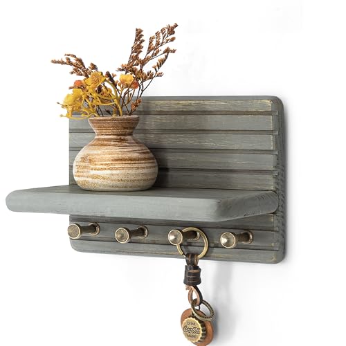 Rebee Vision Key Holder Wall Mount with Shelf for Living Room, Old Gray | Pine Wood, Key Holder for Wall, 4 Key Hooks, Mini Wooden Shelf, Mail Organizer, Rustic Home Decor, Living Room Organizer - color: OldGray, size: Small-7inch
