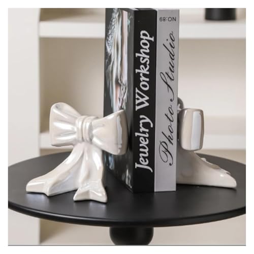 Decor 1 Pair Bow Bookends Ceramic Book Ends Cute Sculpture Modern Holders for Shelves Dorm Nightstand Accessories(White) - color: White