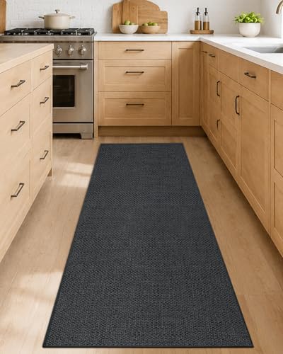 Color&Geometry Thin Kitchen Rug 23x82, Non Slip Rubber Backed, Grey | 0.15in Low Pile Dirt Resistant Kitchen Mat Fit Under Door, Absorbent, Washble Woven Mat For Kitchen Sink/Stove/Laundry Room - color: Dark Tone-grey, size: 23"X82"