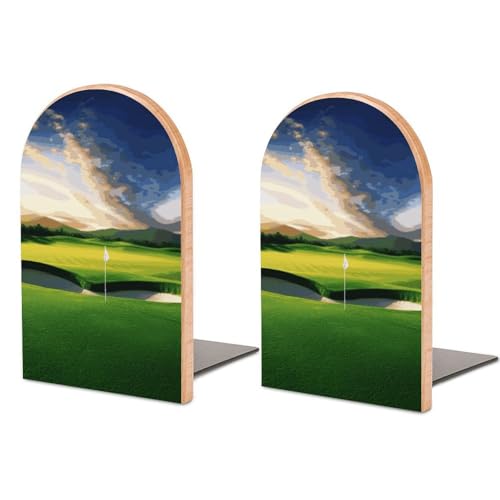 Golf Course Wood Bookends with Metal Base, Decorative Book Holder for Shelves - Wooden Book Ends for Office, Library, Desk & Home Decor