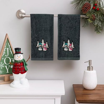 Luxury Holiday Christmas Hand Towels, Embroidered Snowmen, Forest Trees, Velour Terry Cotton, Grey, Set of 2 - color: Charcoal Grey