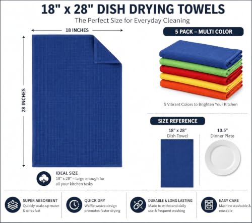 HOMEFRONT Kitchen Towel, Hand Towel for Kitchen, Set of 5, Multicolor | Cotton Blend Waffle Weave Dish Towels, Super Absorbent Quick-Dry Tea Towels, 18' x 28'