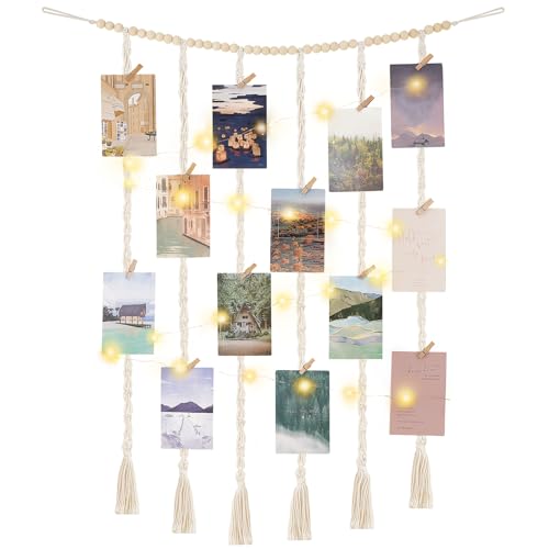 Mkono Hanging Photo Display, Boho Macrame Wall Decor with Lights, Ivory | 30 Clips, String Lights, Teen Girl Stuff Gifts, Wooden Beads Banner, Pictures Postcards Holder, Bedroom Living Room Dorm - color: Ivory, size: Medium
