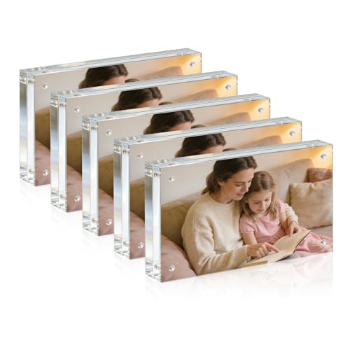 Acrylic Frame, 4x6 Picture Frame 5 Pack, 20MM Thicker Block, Double Sided Magnetic Clear Freestanding Photo Frame for Desk or Tabletop Display - size: 4x6" 5pack