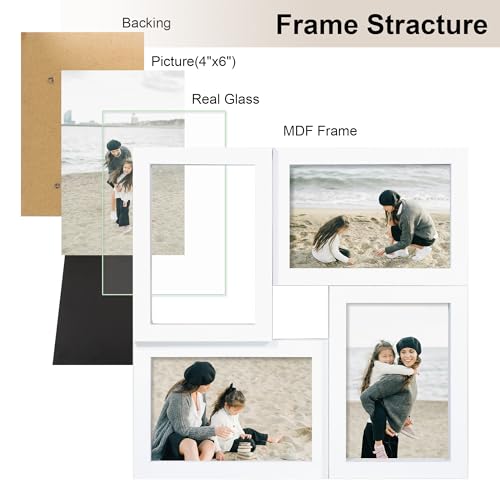 4x6 Picture Frames Collage 1 Pack, 4 Opening Multi Family Photo Collage Frames with Real Glass for Wall Hanging or Tabletop, White - color: White