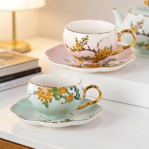 KAMMAK Tea Cups and Saucers Set of 2, Porcelain Coffee Cups, NX039 | Gold Rim, Stackable Espresso Mugs, Ceramic Demitasse for Coffee, Latte, Americano, Afternoon Tea, Elegant Gift for Women - size: 8CZNX039+40