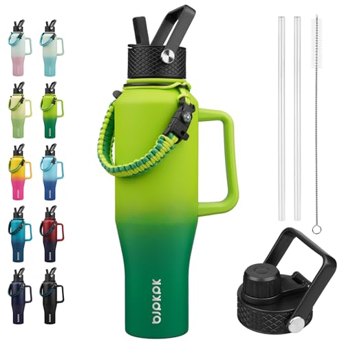 BJPKPK 40oz Insulated Water Bottle with Handle & Straw Lid, Stainless Steel | Vacuum Insulated with Straw Lid & Spout Lid, Paracord Strap, Keep Cold & Hot, Leak-Proof, BPA-Free, for Gym, Hiking, Travel - color: Bamboo Grove, style: 40oz-Side Handle