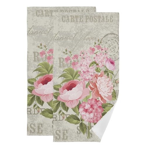 Vintage Roses Hand Towels for Bathroom Set of 2 Microfiber Retro Pink Floral Leaf Elegant Botanical Postcard Kitchen Dish Towels Decorative Bathroom Towel for Face Bath Shower Spa 14"x28" - color: Pink Beige