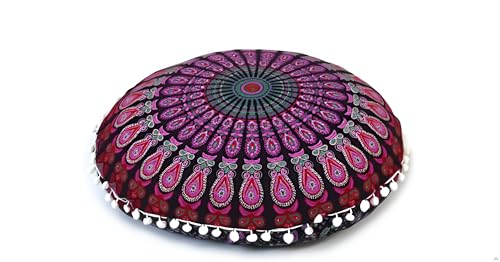 CRAFT KALA 22" IN Mandala Meditation Floor Pillows Pouf Cover Round Seating Adults Bohemian Mandala Circle Cotton Floor Cushion Cover Outdoor Fireplace Seating Living Room Room Home Décor Pink Peacock - color: Pink Peacock