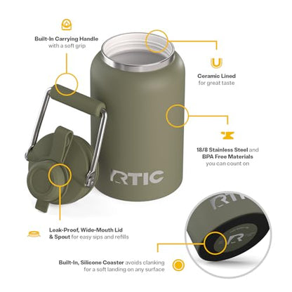 RTIC Half Gallon Outback Jug, Ceramic Lined, Olive | Stainless Steel, Insulated Water Bottle with Lid and Handle, Double Wall Vacuum Insulation - color: Olive