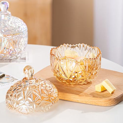 Amber Crystal Glass Candy Snack Jar Fall Candy Dish Embossed Luxury Cookie Buffet Canister With Lid Jewelry Box - color: Crown-Amber